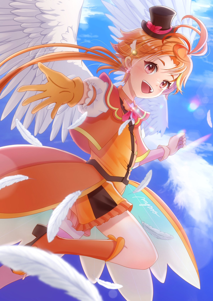 1boy artist_name black_hat blue_sky boots brooch coattails commentary cropped_jacket cure_wing day earrings feathers flying frilled_shorts frills gloves hat highres hirogaru_sky!_precure jacket jewelry knee_boots leg_up long_hair looking_at_viewer magical_boy male_focus mini_hat mini_top_hat mymo0527 orange_footwear orange_gloves orange_hair orange_jacket orange_shorts orange_vest outdoors ponytail precure puffy_short_sleeves puffy_sleeves reaching reaching_towards_viewer red_eyes short_shorts short_sleeves shorts signature sky smile standing top_hat vest wing_brooch yuunagi_tsubasa