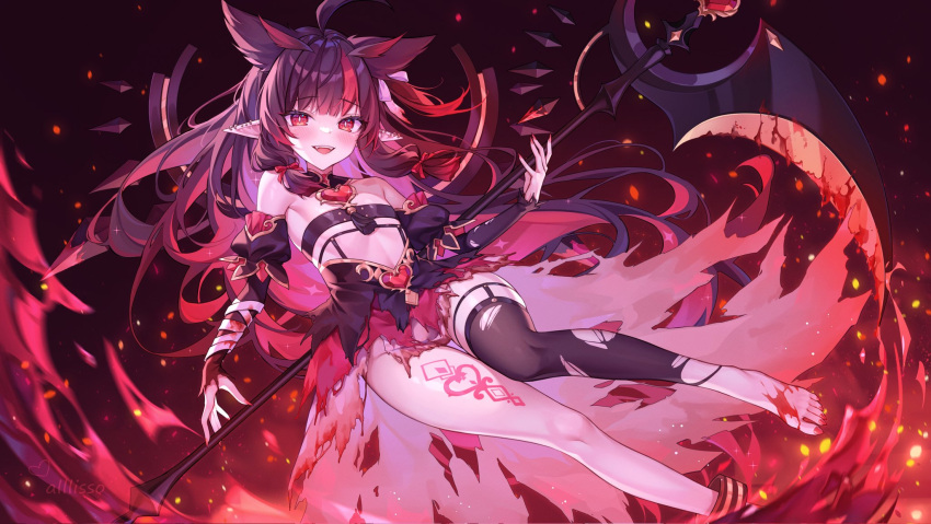1girl alllisso anklet artist_name barefoot black_hair black_thighhighs blood blood_on_feet blood_on_weapon blush chest_jewel commission ear_piercing fangs fingernails fire flat_chest gem hair_ears hair_spread_out heart-shaped_gem highres holding holding_sickle holding_weapon indie_virtual_youtuber jewelry leg_tattoo long_hair looking_at_viewer mikazuki_silvi multicolored_hair nail_polish no_panties official_alternate_costume official_art parted_lips piercing pointy_ears red_eyes red_gemstone red_nails sharp_fingernails sharp_toenails single_thighhigh skirt solo sparks streaked_hair tattoo teeth thigh_gap thighhighs thighs toenail_polish toenails torn_clothes torn_skirt torn_thighhighs very_long_hair weapon
