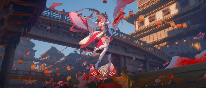 1girl absurdres alternate_costume architecture artist_logo artist_name black_skirt blue_sky blunt_bangs bridge brown_hair commentary_request day detached_sleeves east_asian_architecture english_commentary fish floating_hair flying_fish fox_mask gold goldfish grin highres holding holding_toy honkai:_star_rail honkai_(series) japanese_clothes kendama kimono lantern long_hair looking_ahead looking_at_viewer mask mask_on_head mixed-language_commentary nail_polish outdoors outstretched_arms over-kneehighs paper_lantern parted_lips pink_eyes pink_nails red_nails skirt sky sleeveless sleeveless_kimono smile solo sparkle_(honkai:_star_rail) spread_arms thighhighs toy tree twintails very_long_hair void_0 web_address white_kimono white_sleeves white_thighhighs wide_shot wide_sleeves wooden_bridge