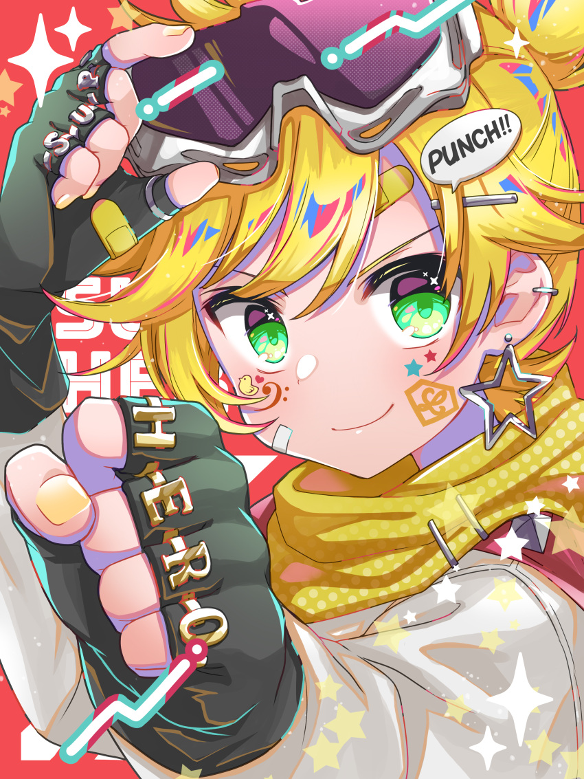 1boy absurdres adjusting_eyewear bandaid bandaid_on_face black_gloves ear_piercing earrings eyewear_on_head facial_tattoo fingerless_gloves gloves goggles goggles_on_head green_eyes hair_ornament hair_tie hands_up heart hekicha highres jacket jewelry kagamine_len long_sleeves looking_at_viewer piercing scarf short_hair short_ponytail smile smirk solo sparkle sparkling_eyes star_(symbol) star_earrings superhero_costume tattoo upper_body vocaloid white_jacket yellow_scarf