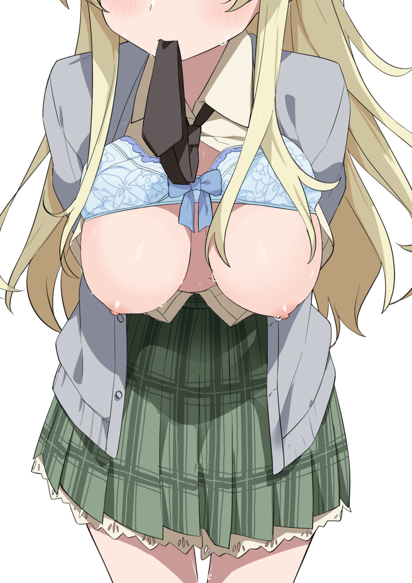 1girl arms_behind_back black_necktie blonde_hair blue_bra blush boku_wa_tomodachi_ga_sukunai bow bow_bra bra bra_lift breasts breasts_out brown_shirt cardigan collared_shirt commentary_request cowboy_shot frilled_skirt frills green_skirt grey_cardigan head_out_of_frame highres kashiwazaki_sena large_breasts leaning_forward long_hair morisobo mouth_hold necktie nipples open_cardigan open_clothes open_shirt plaid plaid_skirt pleated_skirt school_uniform shirt simple_background skirt solo st._chronica_academy_school_uniform standing sweat underwear very_long_hair white_background