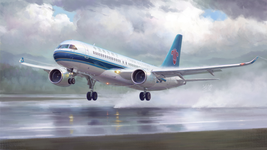 aircraft airplane china_southern_airlines cloud cloudy_sky comac_c919 dated ground_effect highres jeffholy landing_gear no_humans runway signature sky spray take-off vehicle_focus