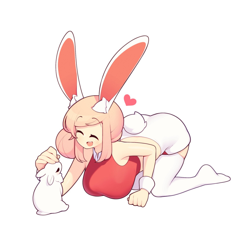 1girl animal animal_ears breasts closed_eyes crop_top fiz_(fizintine) fizintine hair_bun heart highres large_breasts original petting pink_hair rabbit rabbit_ears rabbit_girl rabbit_tail shorts single_side_bun smile solo tail thighhighs white_background white_rabbit_(animal) white_shorts white_thighhighs white_wrist_cuffs wrist_cuffs