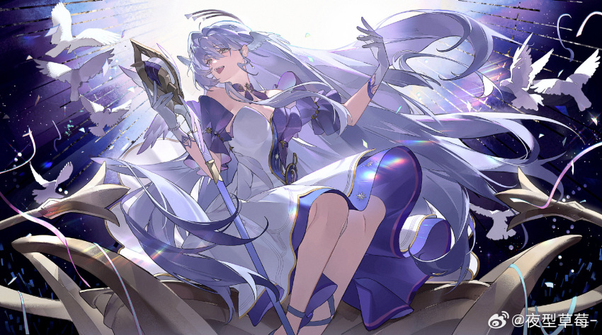 1girl aqua_eyes bare_shoulders bead_bracelet beads bird bracelet breasts cleavage detached_sleeves dress earrings floating_hair gloves halo hand_up head_wings highres holding holding_staff honkai:_star_rail honkai_(series) jewelry long_hair looking_to_the_side open_mouth purple_dress purple_hair robin_(honkai:_star_rail) short_sleeves sitting smile solo staff teeth two-tone_dress upper_teeth_only white_dress white_gloves white_wings wings ye_xing_caomei