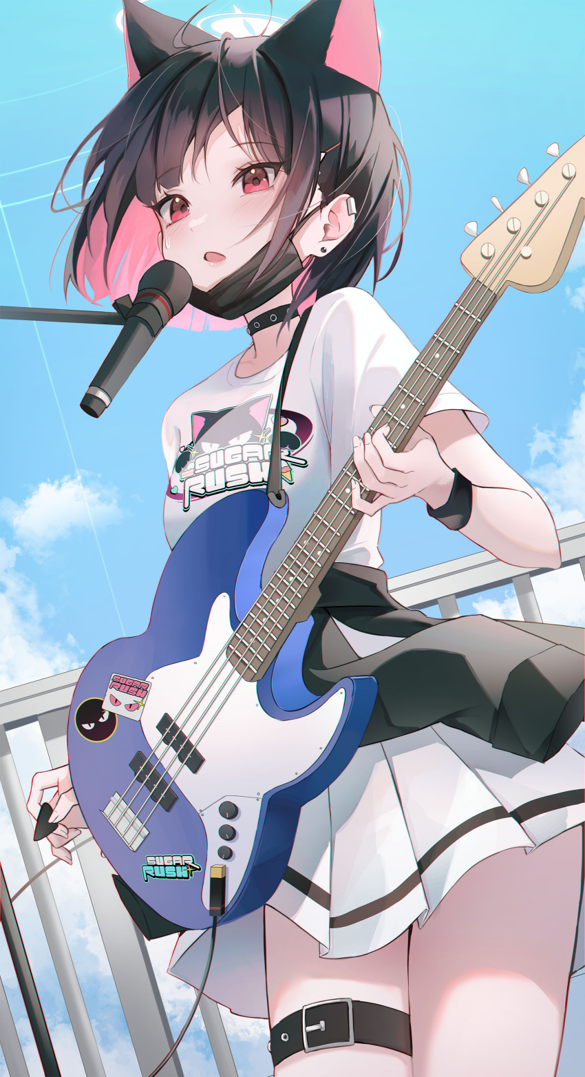 1girl absurdres animal_ears belt black_belt black_choker black_hair black_mask blue_archive blush breasts cat_ears choker colored_inner_hair day e_name electric_guitar extra_ears fingernails guitar halo highres holding holding_instrument instrument kazusa_(band)_(blue_archive) kazusa_(blue_archive) mask mask_pull medium_breasts microphone mouth_mask multicolored_hair official_alternate_costume open_mouth outdoors pink_hair pink_halo pleated_skirt red_eyes shirt short_hair short_sleeves skirt solo thigh_strap white_shirt white_skirt