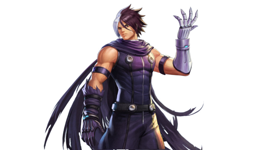 1boy abs asymmetrical_gloves black_hair closed_mouth gloves highres looking_at_viewer male_focus metal_gloves mismatched_gloves multicolored_hair muscular muscular_male nameless_(kof) official_art scar scar_across_eye scar_on_cheek scar_on_face snk solo split-color_hair the_king_of_fighters the_king_of_fighters_2002 the_king_of_fighters_all-stars two-tone_hair veins veiny_arms white_hair