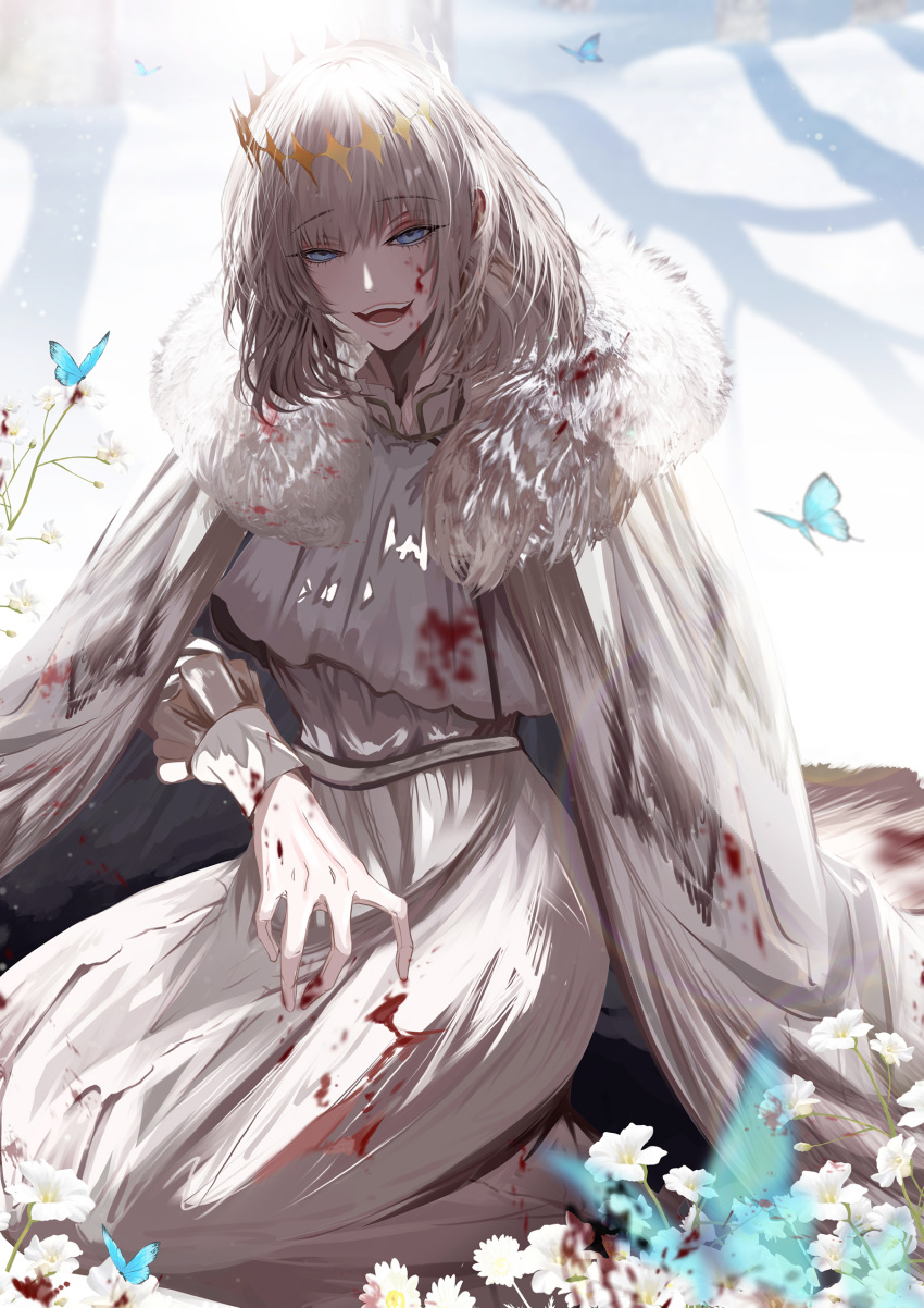1boy absurdres antinese blood blood_on_clothes blood_on_face blood_on_hands blue_eyes bug butterfly cloak crown diamond_hairband fate/grand_order fate_(series) flower fur-trimmed_cloak fur_trim grey_hair highres long_sleeves looking_at_viewer male_focus medium_hair no_wings oberon_(fate) shirt sitting smile solo wariza white_cloak white_flower