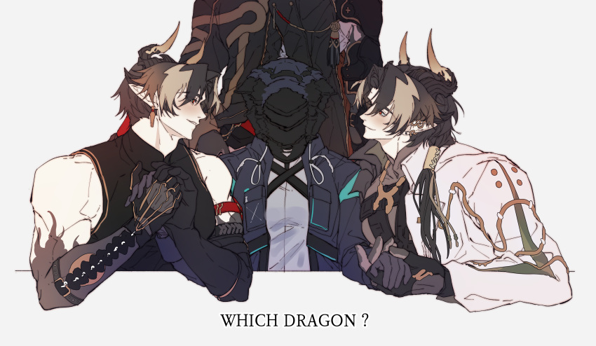 1girl 3boys absurdres arknights armlet armor black_coat black_gloves black_hair blush brown_hair chinese_clothes chong_yue_(alighting)_(arknights) chong_yue_(arknights) coat collared_jacket colored_extremities commentary_request doctor_(arknights) dragon_boy dragon_horns ear_covers earrings english_text female_doctor_(arknights) fingerless_gloves gloves gradient_hair grin hair_over_shoulder hand_up hands_up hetero high_collar highres holding_hands hood hood_up hooded_coat horns jacket jewelry korean_commentary long_hair long_sleeves looking_at_another low_ponytail mask multicolored_hair multiple_boys multiple_persona open_clothes open_coat out_of_frame pauldrons pointy_ears rerebrace shaking_head shoulder_armor simple_background single_pauldron sleeveless smile standing streaked_hair table the_weaker_sex_1_(gibson) toned toned_male walhee221 white_background white_jacket yellow_eyes