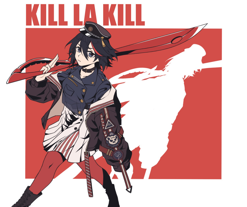 1girl arknights black_hair blue_eyes choker commentary commentary_request cosplay english_text hat highres jacket kill_la_kill long_sleeves looking_at_viewer matoi_ryuuko multicolored_hair open_clothes pantyhose patch red_background red_hair scissor_blade_(kill_la_kill) shadow short_hair solo streaked_hair two-tone_hair weapon yi_zhi_qiu_qiu_qiu zima_(arknights) zima_(arknights)_(cosplay)