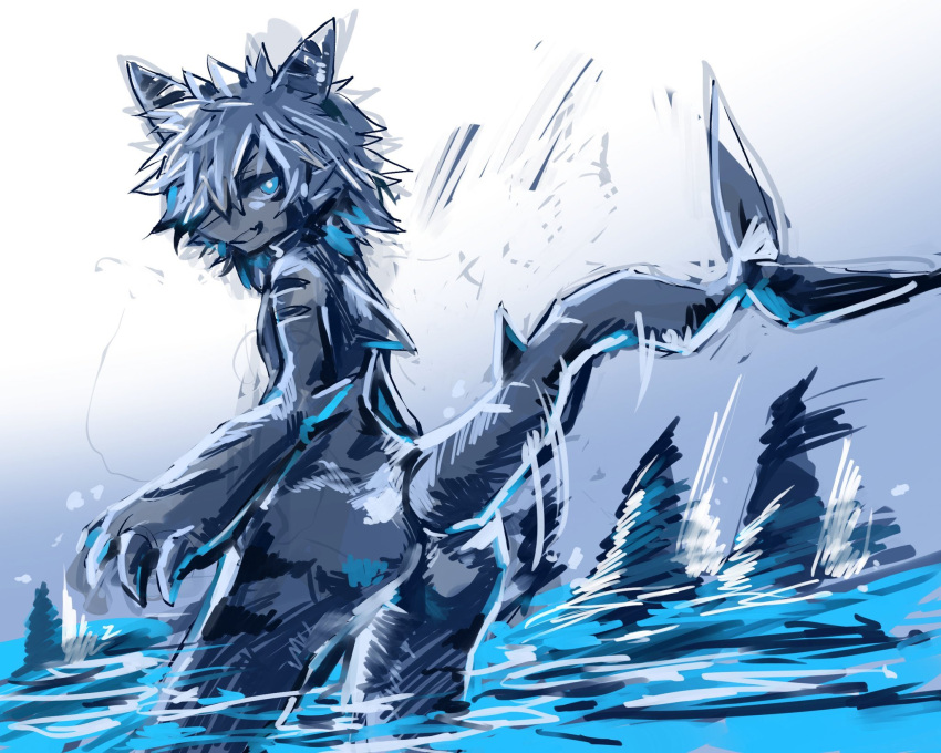 ambiguous_gender anthro blue_eyes butt changed_(video_game) exepresso fin fish grey_body hair hi_res looking_at_viewer marine partially_submerged shark shark_tail simple_background solo splash stripes the_shark_(changed) white_background white_body white_hair