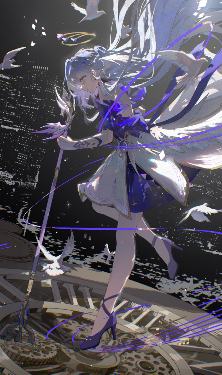 1girl absurdres angel_wings aqua_eyes bird dress eiki- floating_hair from_side full_body gloves halo head_wings high_heels highres holding honkai:_star_rail honkai_(series) looking_down night night_sky purple_dress purple_footwear purple_hair robin_(honkai:_star_rail) sky standing standing_on_one_leg two-tone_dress white_dress white_gloves white_wings wings