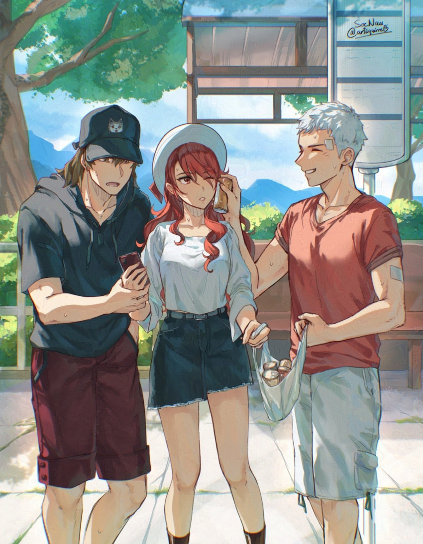 1girl 2boys aragaki_shinjirou bandaid bandaid_on_arm bandaid_on_face black_hoodie blue_sky brown_eyes brown_hair bus_stop closed_eyes collarbone denim denim_shorts english_commentary grey_hair happy hat highres holding holding_phone hood hoodie kirijou_mitsuru long_hair multiple_boys one_eye_closed outdoors persona persona_3 phone red_eyes red_hair sanada_akihiko shirt short_hair short_sleeves shorts signature sky smile soc_nau standing summer sweat t-shirt tree twitter_username wavy_hair white_shorts