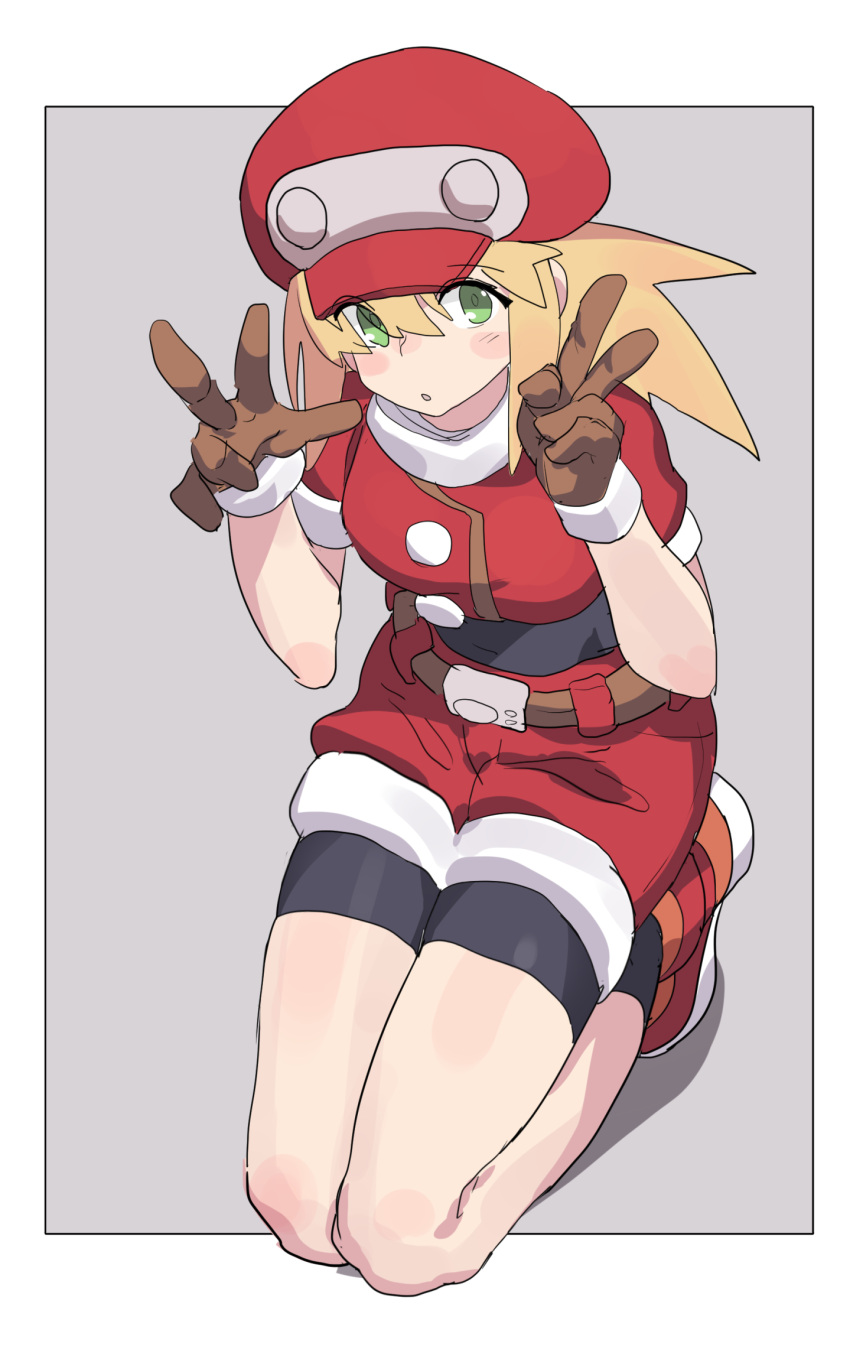 1girl black_bodysuit blonde_hair blush_stickers bodysuit bodysuit_under_clothes breasts brown_gloves cabbie_hat double_w full_body gloves green_eyes hat highres huanxiang_huifeng jacket kneeling medium_breasts mega_man_(series) mega_man_legends_(series) red_hat red_jacket red_shorts roll_caskett_(mega_man) shorts sketch solo w