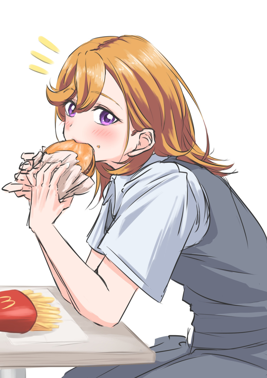 1girl absurdres arms_on_table blush burger collared_shirt commentary dress dress_shirt eating food food_in_mouth food_on_face french_fries grey_dress highres holding holding_burger holding_food long_hair looking_at_viewer love_live! love_live!_superstar!! mcdonald's medium_dress notice_lines orange_hair pinafore_dress purple_eyes school_uniform shibuya_kanon shirt short_sleeves simple_background sitting sleeveless sleeveless_dress solo summer_uniform uduki_fuji upper_body white_background white_shirt yuigaoka_school_uniform