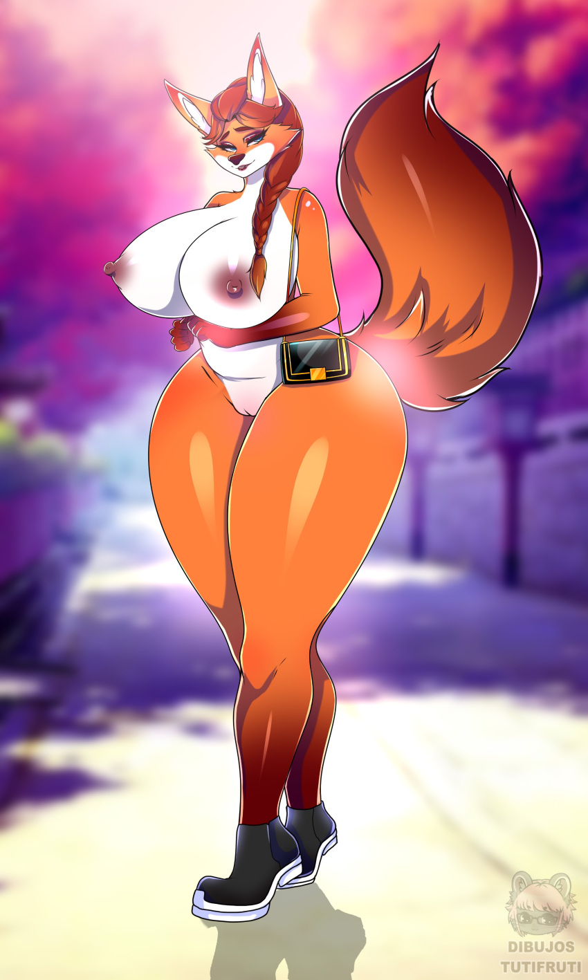 absurd_res anthro big_breasts braided_hair breasts canid canine female fox genitals hair hi_res lips mammal nipples nude outside purse pussy solo thick_thighs tutifruti_(artist) wide_hips