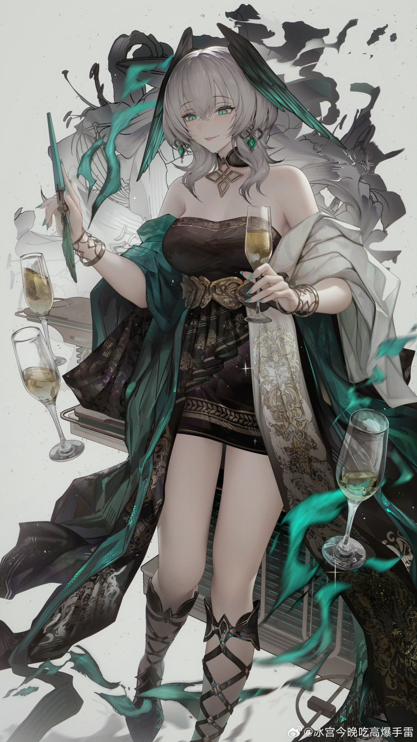 1girl absurdres arknights bare_shoulders binggong_asylum black_collar black_dress black_wings collar commentary_request crossed_bangs cup dress drinking_glass feet_out_of_frame full_body green_eyes green_nails green_wings hair_between_eyes head_wings highres ho'olheyak_(arknights) ho'olheyak_(carriage_of_the_winds_of_time)_(arknights) holding holding_cup holding_paintbrush looking_down multicolored_wings nail_polish official_alternate_costume paintbrush sidelocks slit_pupils solo strapless strapless_dress tongue tongue_out watermark weibo_logo weibo_watermark white_hair wine_glass wings