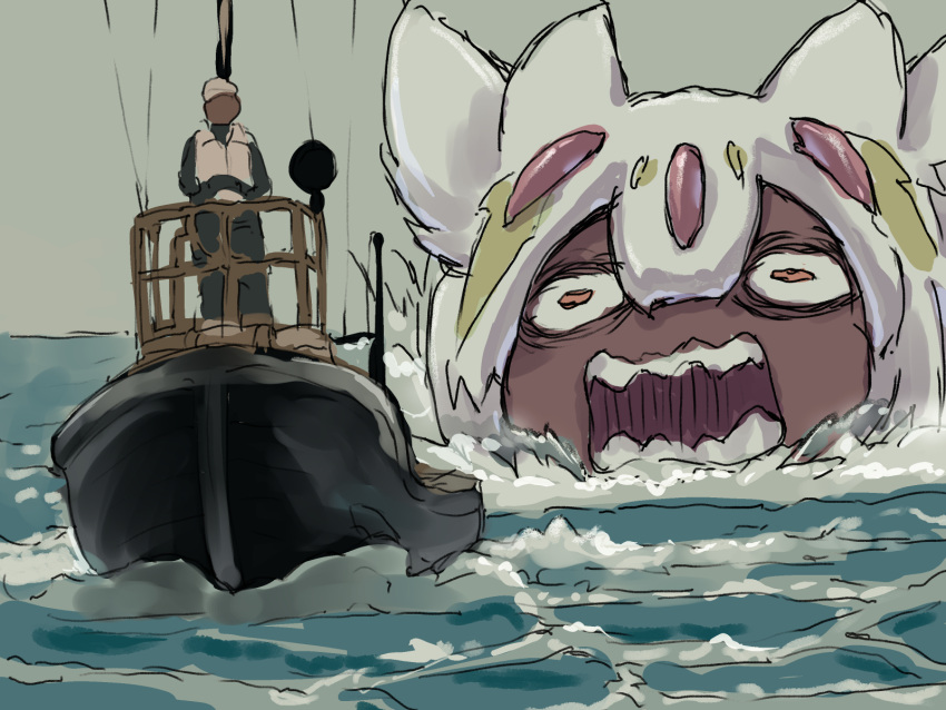 1girl boat body_fur brown_fur chasing commentary_request cosplay faputa furry godzilla godzilla_(cosplay) godzilla_(series) godzilla_minus_one highres horizontal_pupils made_in_abyss monster_girl no_humans ocean outdoors solo teeth watercraft ximu_shilang