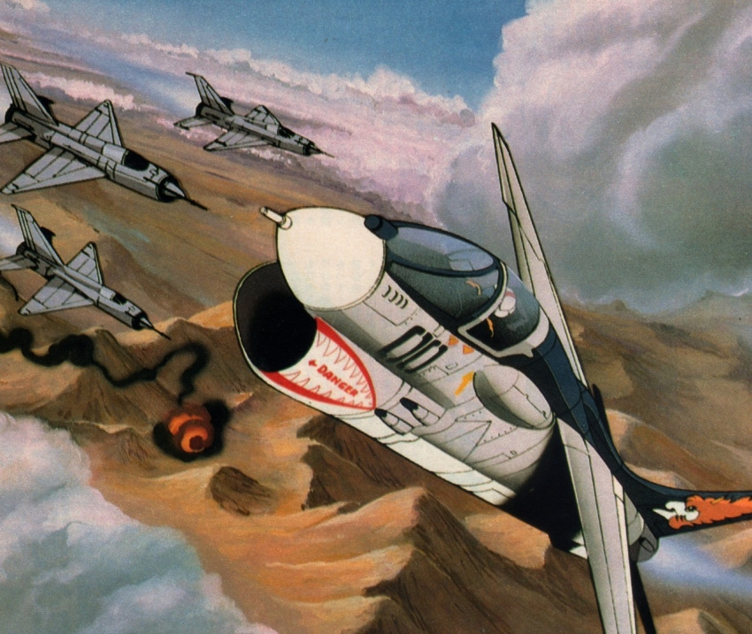 1980s_(style) 1boy aerial_battle afterburner aircraft airplane animage area_88 battle blue_sky cloud desert destruction dogfight english_commentary explosion f-8_crusader fighter_jet fleet flying helmet jet kazama_shin key_visual magazine_scan mig-21 military_vehicle mountain official_art okada_toshiyasu pilot pilot_suit promotional_art radio_antenna retro_artstyle scan shark_nose_art sky smoke surrounded unicorn