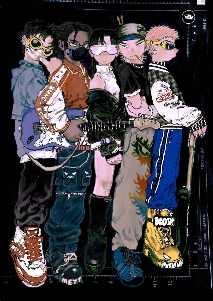 1girl 4boys abstract_background baseball_cap black_hair black_pants blonde_hair blue_pants blue_shirt cigarette colored_skin dark_skin everyone from_side glasses goggles guitar hat highres holding holding_guitar holding_instrument instrument looking_at_viewer mask mettaflix mouth_mask multiple_boys original pants pink_skin red_shirt shirt shoes standing two-tone_footwear yellow-framed_eyewear