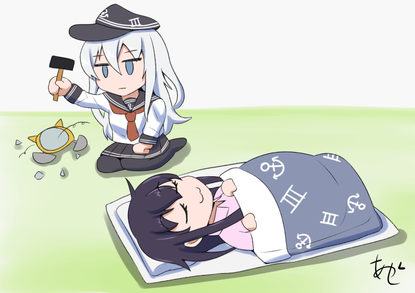 0_0 2girls :3 akashieru akatsuki_(kancolle) artist_logo black_hair black_sailor_collar black_skirt blue_eyes futon hibiki_(kancolle) kantai_collection long_hair mallet multiple_girls neckerchief one-hour_drawing_challenge pajamas pleated_skirt red_neckerchief sailor_collar school_uniform serafuku shirt skirt sleeping white_hair white_shirt