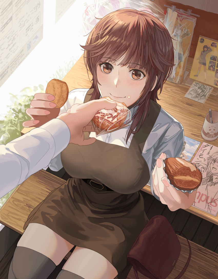 1girl amagami bag belt bench black_thighhighs bread breasts brown_dress brown_eyes brown_hair closed_mouth cup dress feeding food food_on_face highres holding holding_food indoors large_breasts long_sleeves looking_at_viewer medium_hair messy_hair nanidato_(nanidat0) notebook on_bench pink_nails pov pov_hands sakurai_rihoko shirt shirt_under_dress short_dress sitting solo_focus table thighhighs white_shirt window zettai_ryouiki