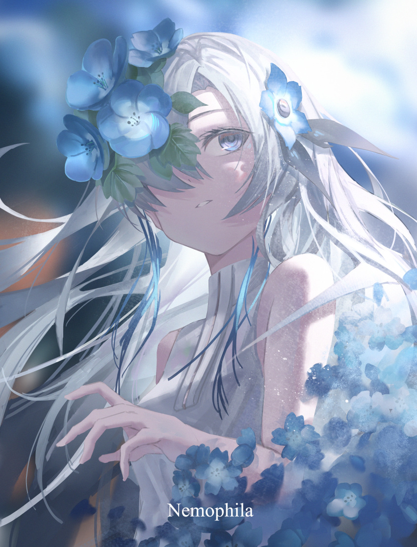 1girl absurdres bare_arms bare_shoulders blue_eyes blue_flower blurry blurry_background breasts commentary depth_of_field dress english_commentary flower grey_hair hair_over_one_eye highres isekai_joucho kamitsubaki_studio long_hair looking_to_the_side medium_breasts nemophila_(flower) parted_lips pine50 sleeveless sleeveless_dress solo upper_body very_long_hair white_dress