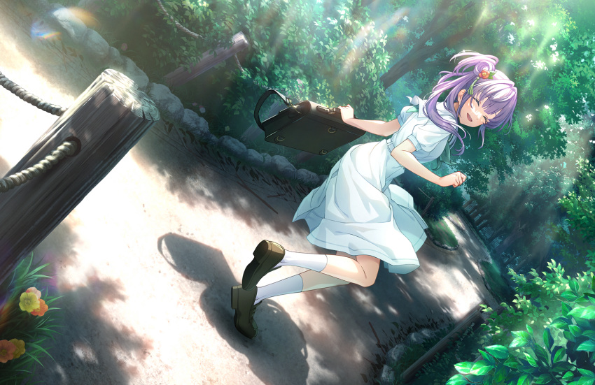 1girl ^_^ ankle_socks aqua_neckerchief bag black_bag brown_footwear closed_eyes dappled_sunlight dress dutch_angle facing_viewer flower forest full_body game_cg hair_bun hair_flower hair_ornament hasu_no_sora_school_uniform highres holding holding_bag leg_up link!_like!_love_live! loafers long_hair love_live! medium_dress nature neckerchief official_art open_mouth otomune_kozue outdoors pleated_dress purple_hair red_flower running sailor_collar sailor_dress school_bag school_uniform shadow shoes side_ponytail sidelocks single_side_bun smile socks solo summer_uniform sunlight third-party_source virtual_youtuber white_dress white_sailor_collar white_socks