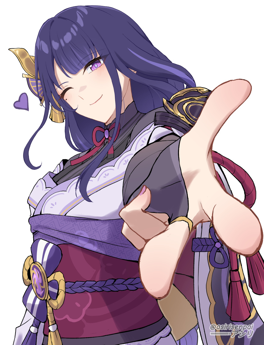 1girl ;) absurdres asiri_senpai foreshortening genshin_impact highres japanese_clothes kimono long_hair looking_at_viewer obi one_eye_closed purple_eyes purple_hair purple_kimono raiden_shogun red_sash sash simple_background smile solo upper_body white_background