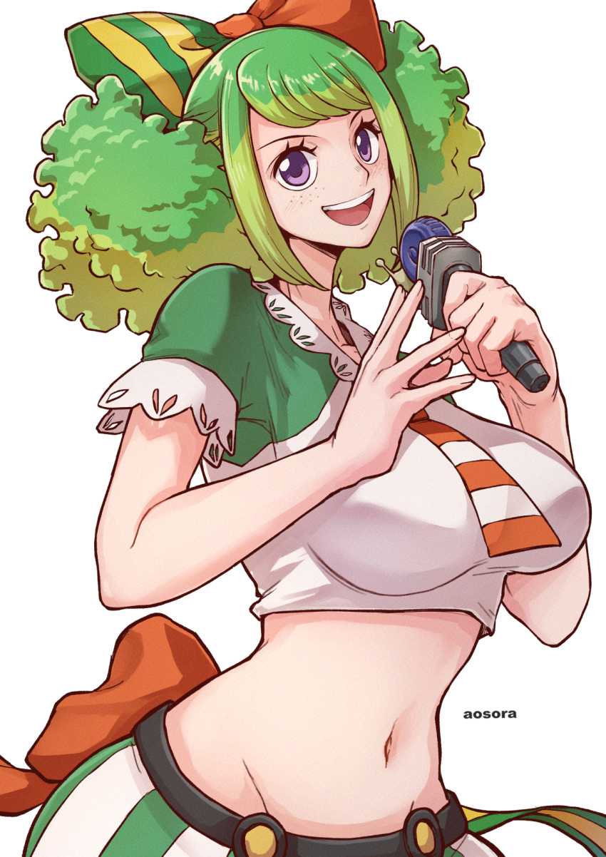 1girl :d ann_(one_piece) aosora2823 artist_name bow breasts commentary freckles green_hair hair_bow highres holding holding_microphone large_breasts looking_at_viewer microphone midriff multicolored_hair navel necktie one_piece open_mouth purple_eyes short_sleeves simple_background smile solo striped_necktie two-tone_bow two-tone_hair white_background