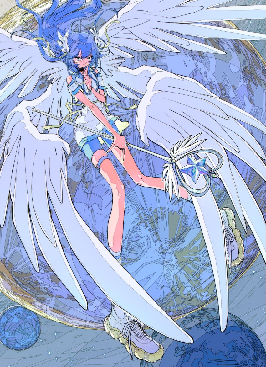 1girl :3 absurdres bare_shoulders black_choker blue_eyes blue_hair blue_shorts blue_trim bracelet choker closed_mouth clothing_cutout dress feathered_wings fingernails hand_up head_wings heart highres holding holding_staff jewelry long_hair long_legs magical_girl multiple_rings multiple_wings nail_polish original planet ring shoelaces shoes short_sleeves shorts shorts_under_dress shoulder_cutout smile sneakers socks solo staff star_(symbol) thigh_strap white_dress white_footwear white_socks white_wings wings yellow_nails yosh1to