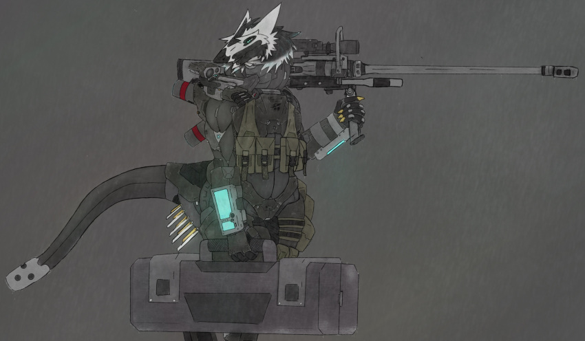 amara_(derpwolfy18971) bodysuit briefcase bulletproof_vest claws clothing derpwolfy18971 female gun hi_res neck_tuft pouches ranged_weapon sergal skinsuit solo tactical_gear tail tight_clothing tuft weapon