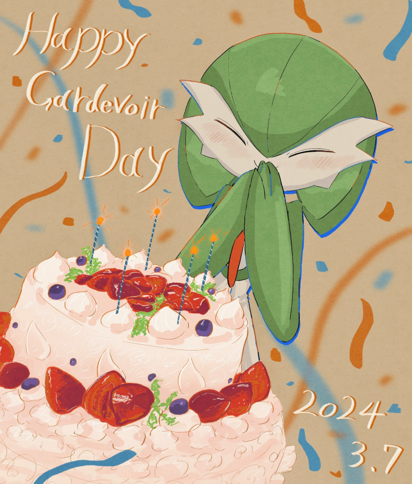 blueberry bob_cut cake candle closed_eyes colored_skin covering_own_mouth food fruit gardevoir gardevoir_day green_hair gyura highres multicolored_skin pokemon pokemon_(creature) smile strawberry two-tone_skin white_skin