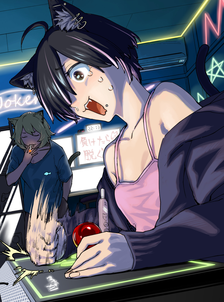 2girls absurdres animal_ears arcade arcade_cabinet bare_shoulders black_eyes black_hair blonde_hair blush breasts camisole cat_ears cat_girl cat_tail cigarette closed_eyes closed_mouth collarbone crying crying_with_eyes_open electronic_cigarette eye_reflection fangs furrowed_brow hair_over_one_eye hame_neko_(yani_neko) hand_in_pocket highres holding holding_cigarette indoors jacket jacket_partially_removed lip_piercing long_bangs long_sleeves looking_at_screen multicolored_hair multiple_girls neon_lights one_eye_covered open_clothes open_jacket open_mouth osatou piercing pink_camisole pink_hair playing_games reflection short_hair short_sleeves slam small_breasts smear_frame smoking streaked_hair tail tears upper_body yani_neko yani_neko_(yani_neko)