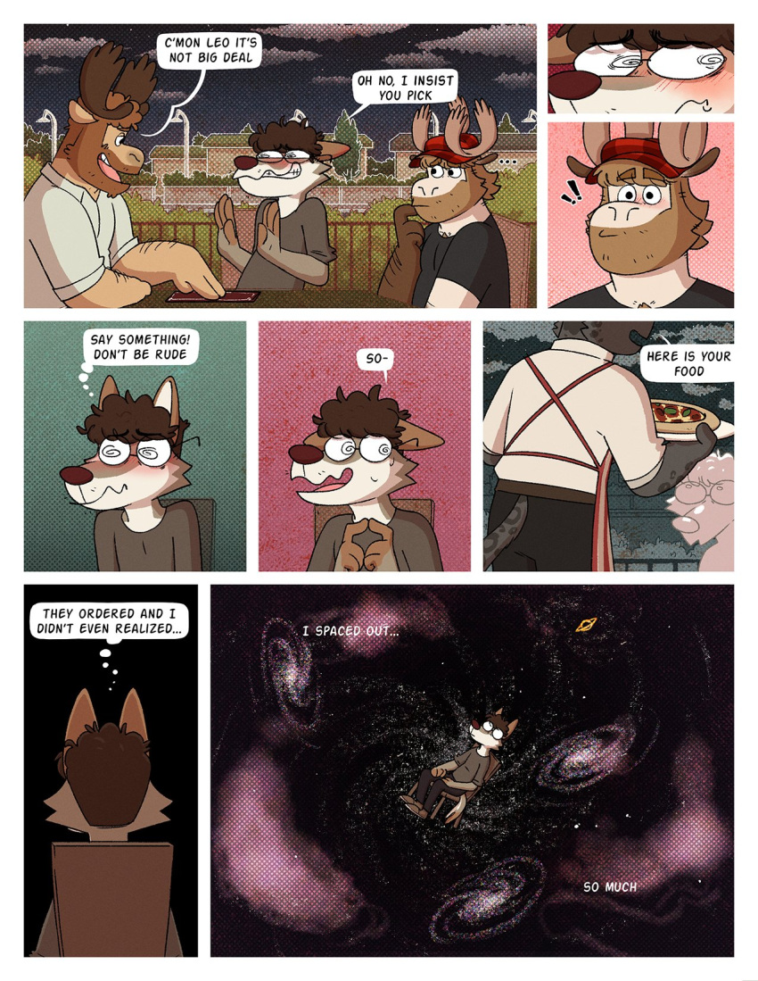 anthro apron beard blush bodily_fluids brown_hair canid canine canis chair clothing cloud comic date deer english_text exclamation_point eyewear facial_hair food furniture galaxy glasses group hair hat headgear headwear hi_res leo_(nardodraws) male mammal moose nardodraws nervous new_world_deer night panicking pizza plant rodney_(nardodraws) shrub sitting sky speech_bubble spiral_eyes standing street_lamp sweat sweatdrop table text thought_bubble tom_(nardodraws) tree waiter wolf