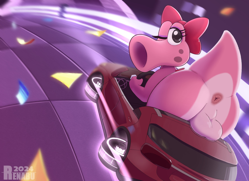 anus backsack balls birdo butt car genitals hi_res male mario_bros mario_kart nintendo perineum racing renabu solo vehicle