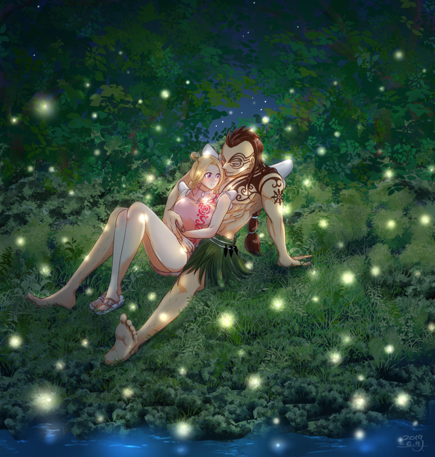 1boy 1girl antenna_hair blonde_hair braid brown_hair chest_tattoo commentary_request conis_(one_piece) dress facial_tattoo fireflies full_body highres hug long_hair looking_at_another muscular muscular_male night night_sky on_grass one_piece pink_dress ponytail sandals shina_(ooo417ooo) short_dress shoulder_tattoo skirt sky tattoo topless_male tree twin_braids white_wings wings wyper_(one_piece)