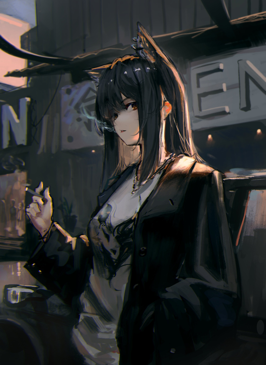 1girl absurdres animal_ears arknights black_hair black_jacket building cigarette day hair_between_eyes hand_in_pocket highres holding holding_cigarette jacket jewelry leaning_against_vehicle lemtun long_hair long_sleeves looking_at_viewer necklace open_clothes open_jacket orange_eyes outdoors parted_lips print_shirt shirt sidelocks sideways_glance sign smoke_trail solo straight_hair texas_(arknights) unfinished white_shirt wolf_ears wolf_girl