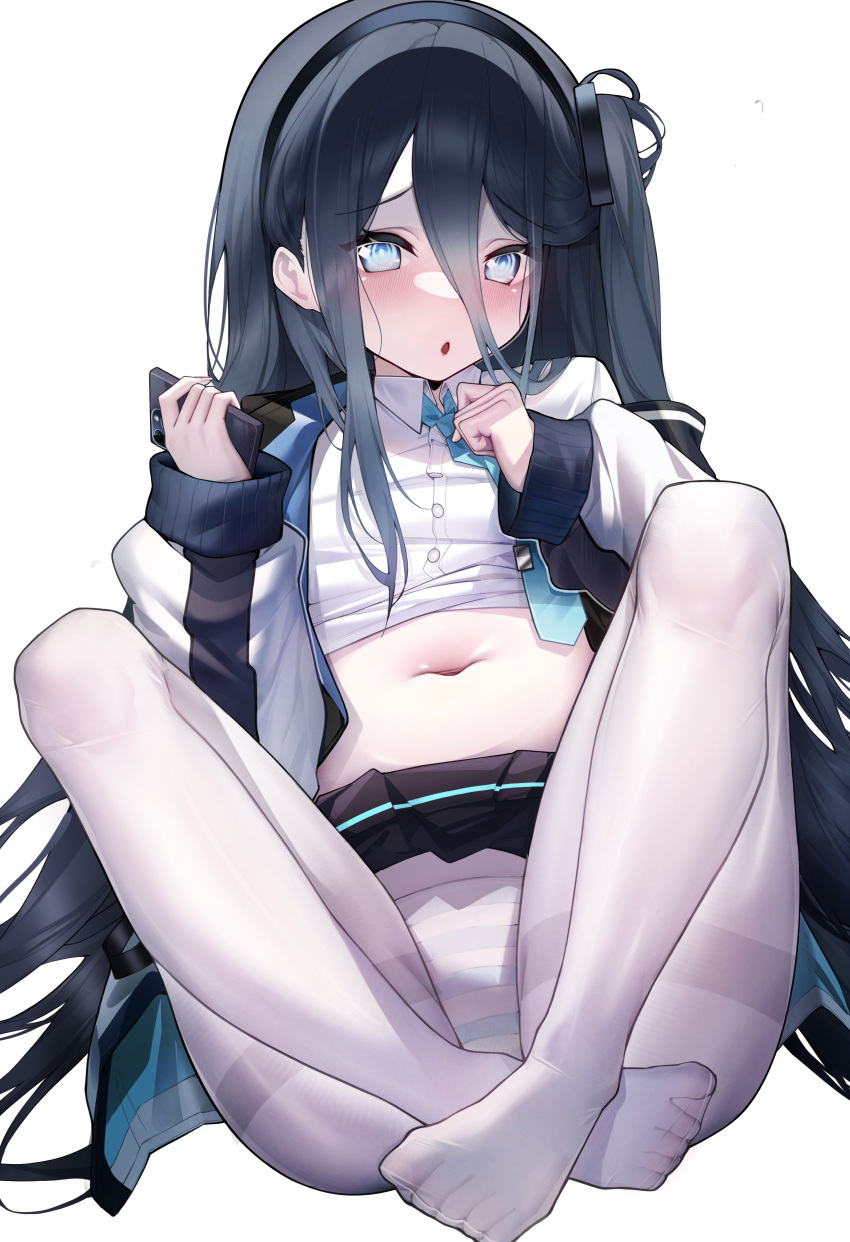 1girl absurdly_long_hair absurdres aris_(blue_archive) black_hair black_hairband black_skirt blue_archive blue_eyes blue_necktie blush buttons cellphone collared_shirt fingernails hairband highres holding holding_phone jacket jihua_tong long_hair long_sleeves looking_at_viewer navel necktie one_side_up open_clothes open_jacket panties panties_under_pantyhose pantyhose parted_lips phone pleated_skirt shirt simple_background skirt smartphone solo striped_clothes striped_panties underwear very_long_hair white_background white_jacket white_panties white_shirt