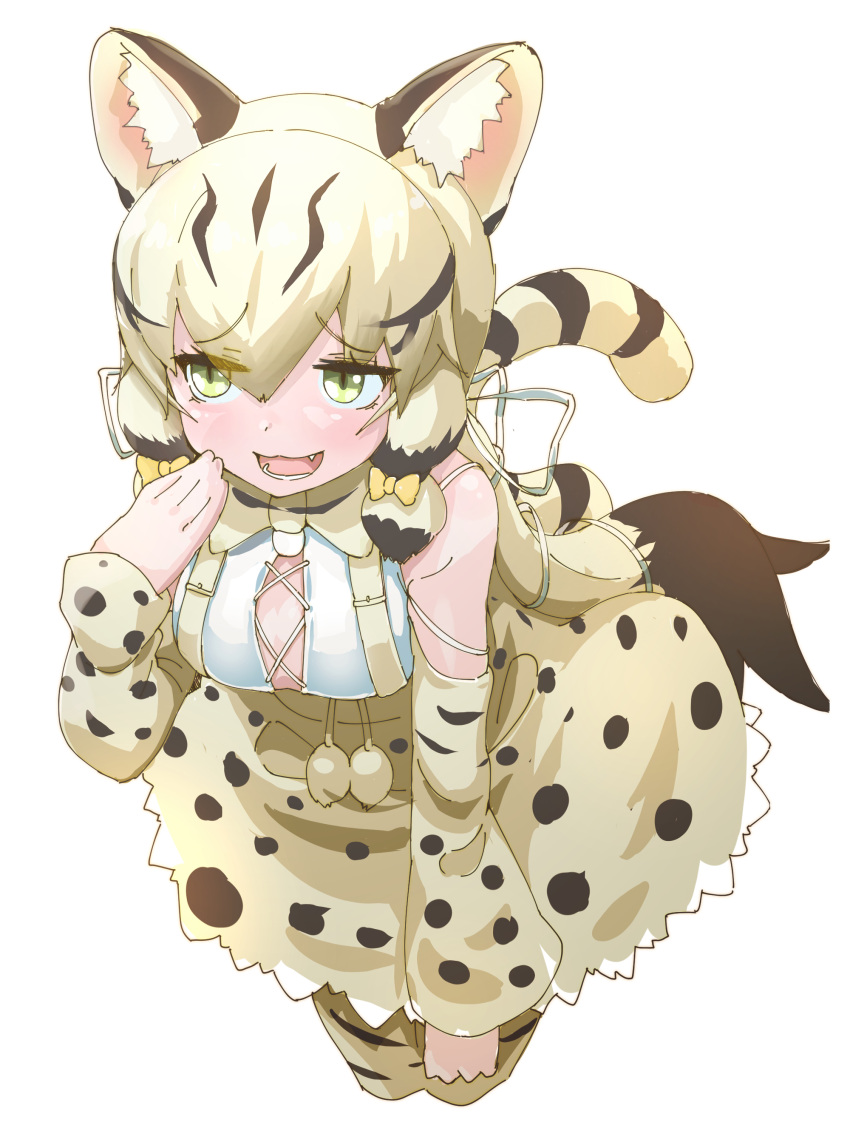 1girl absurdres animal_ears bow bowtie cat_ears cat_girl cat_tail extra_ears geoffroy's_cat_(kemono_friends) green_eyes grey_hair highres kemono_friends kemono_friends_v_project long_hair lowlandgorilla ribbon shirt simple_background skirt solo suspenders tail thighhighs virtual_youtuber
