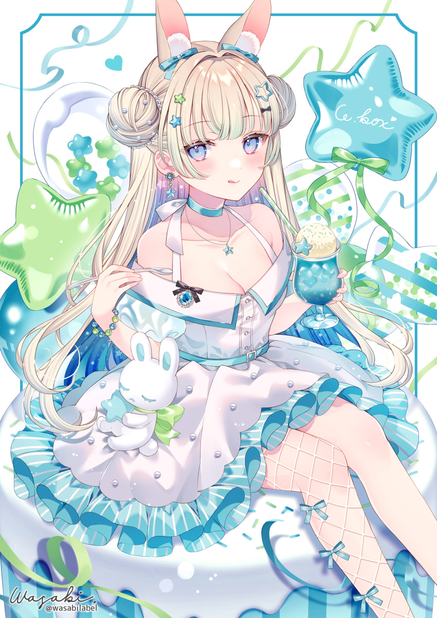 1girl :p animal_ears asymmetrical_legwear balloon bare_shoulders blonde_hair blue_eyes blue_gemstone blush bracelet breasts cake cleavage collarbone dot_nose dress feet_out_of_frame fishnets food gem glass gradient_eyes green_gemstone hair_spread_out highres ice_cream jewelry long_hair multicolored_eyes no_bra no_legwear original pantyhose pink_eyes rabbit_ears signature simple_background sitting_on_food sleeveless solo star_(symbol) tongue tongue_out twitter_username very_long_hair wasabi_(sekai) white_background white_dress