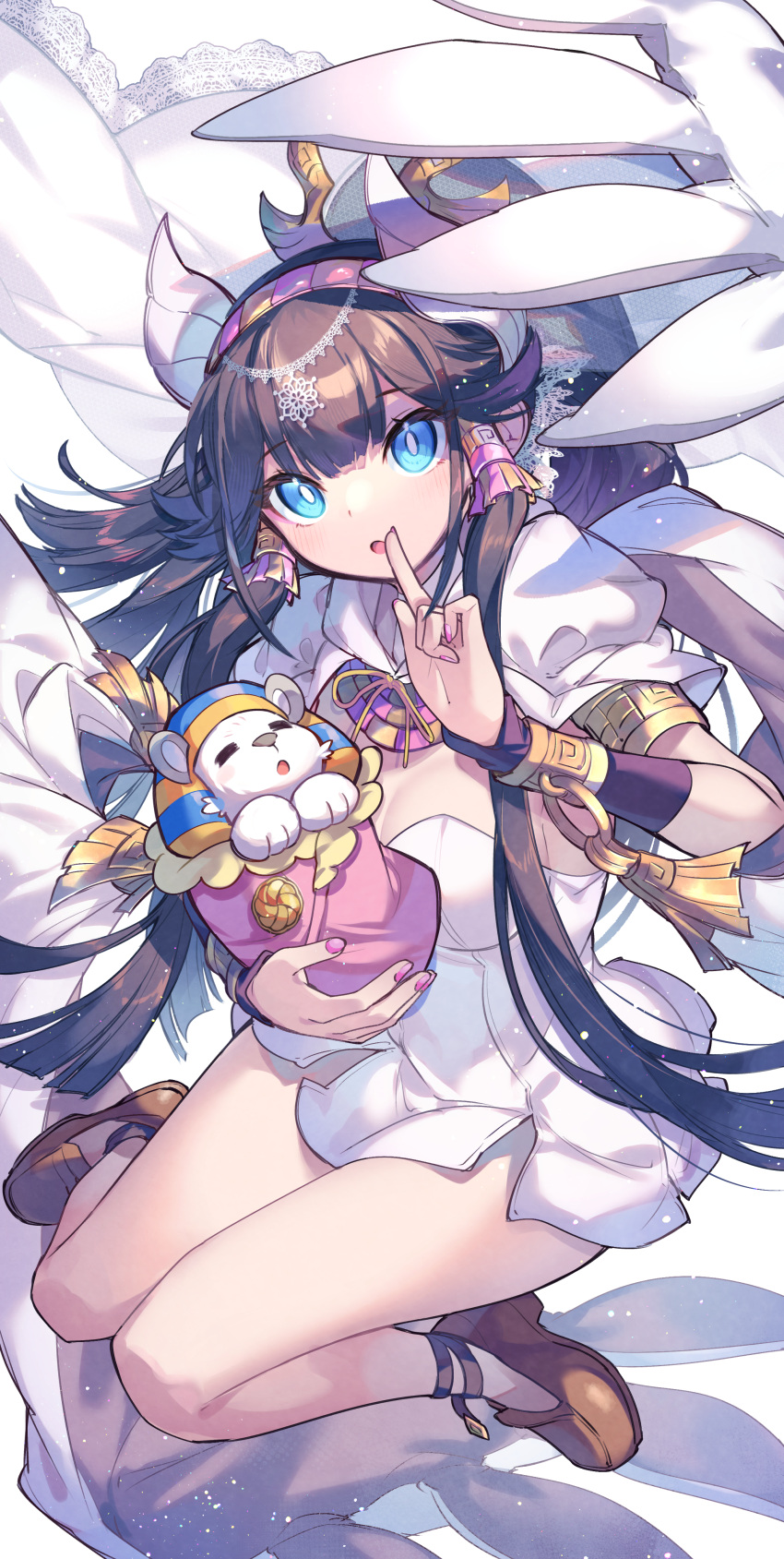 1girl absurdres armlet black_hair blue_eyes bracer cub egyptian finger_to_mouth hairband highres kuuron_(moesann17) long_hair looking_at_viewer nephthys_(p&amp;d) ponytail puzzle_&amp;_dragons solo sphinx strapless winged_hairband