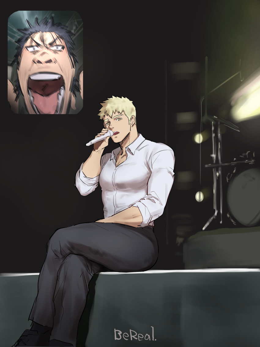 2boys absurdres bara black_hair black_pants blonde_hair collared_shirt concert crossed_legs drum drum_set fan_screaming_at_madison_beer_(meme) haiki_(tegusu) highres holding holding_microphone inset instrument large_pectorals male_focus meme microphone multiple_boys muscular muscular_male music open_mouth original pants pectorals photo_background screaming shirt short_hair singing stage stage_lights white_shirt