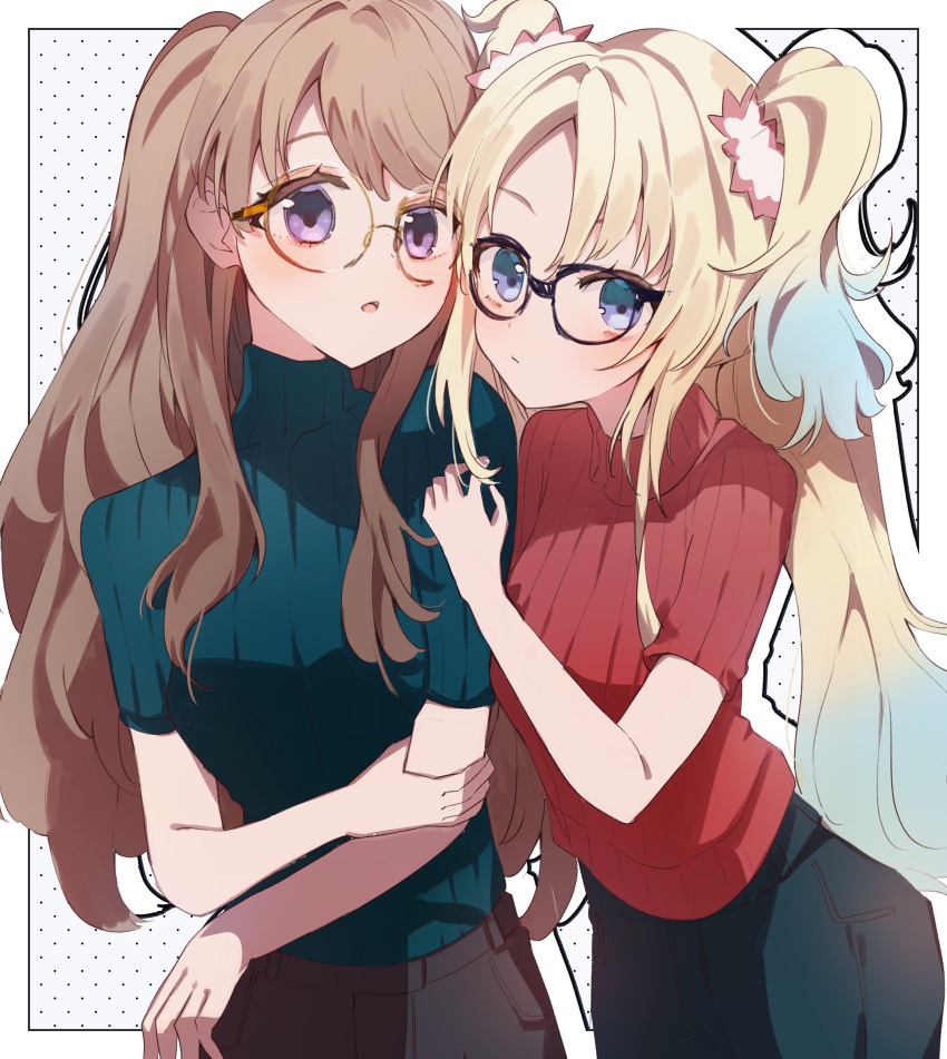 2girls :/ :o absurdres bespectacled black-framed_eyewear black_pants blonde_hair blue_eyes blue_hair blue_pants blue_sweater border breasts brown-framed_eyewear brown_hair closed_mouth commentary drop_shadow flower fujishima_megumi glasses gradient_hair grey_background hair_flower hair_ornament highres light_blue_hair link!_like!_love_live! long_hair looking_at_viewer love_live! medium_breasts mira-cra_park! multicolored_hair multiple_girls nagisa_iori open_mouth osawa_rurino outside_border pants parted_bangs pink_flower purple_eyes red_sweater ribbed_sweater short_sleeves sweater turtleneck turtleneck_sweater twintails two_side_up virtual_youtuber white_border