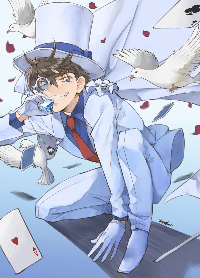 1boy absurdres ace ace_of_clubs ace_of_hearts animal arm_support bangs bird blue_eyes blue_shirt brown_hair cape card collared_shirt commentary dove dreaming182 dress_shirt falling_card falling_petals formal full_body gem glint gloves gradient gradient_background grin hair_between_eyes hat highres holding holding_gemstone jacket kaitou_kid long_sleeves looking_at_viewer magic_kaito male_focus monocle monocle_chain necktie one_knee pants petals playing_card red_neckwear shadow shirt shoes short_hair signature simple_background smile solo suit teeth top_hat white_cape white_footwear white_gloves white_headwear white_jacket white_pants white_suit