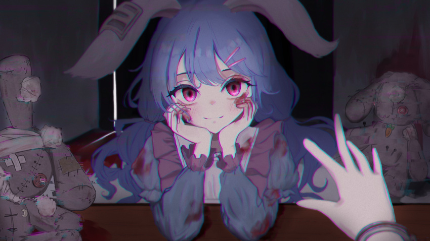 1girl 1other ajtajt595 animal_ears blood blood_on_clothes blood_on_face blood_on_hands blue_dress blue_hair blush chromatic_aberration closed_mouth commentary_request cuffs dress earclip hair_ornament hairclip handcuffs hands_on_own_cheeks hands_on_own_face highres long_hair looking_at_viewer pink_eyes pov pov_hands rabbit_ears seiran_(touhou) short_bangs smile solo_focus stuffed_animal stuffed_rabbit stuffed_toy stuffing table touhou upper_body yandere