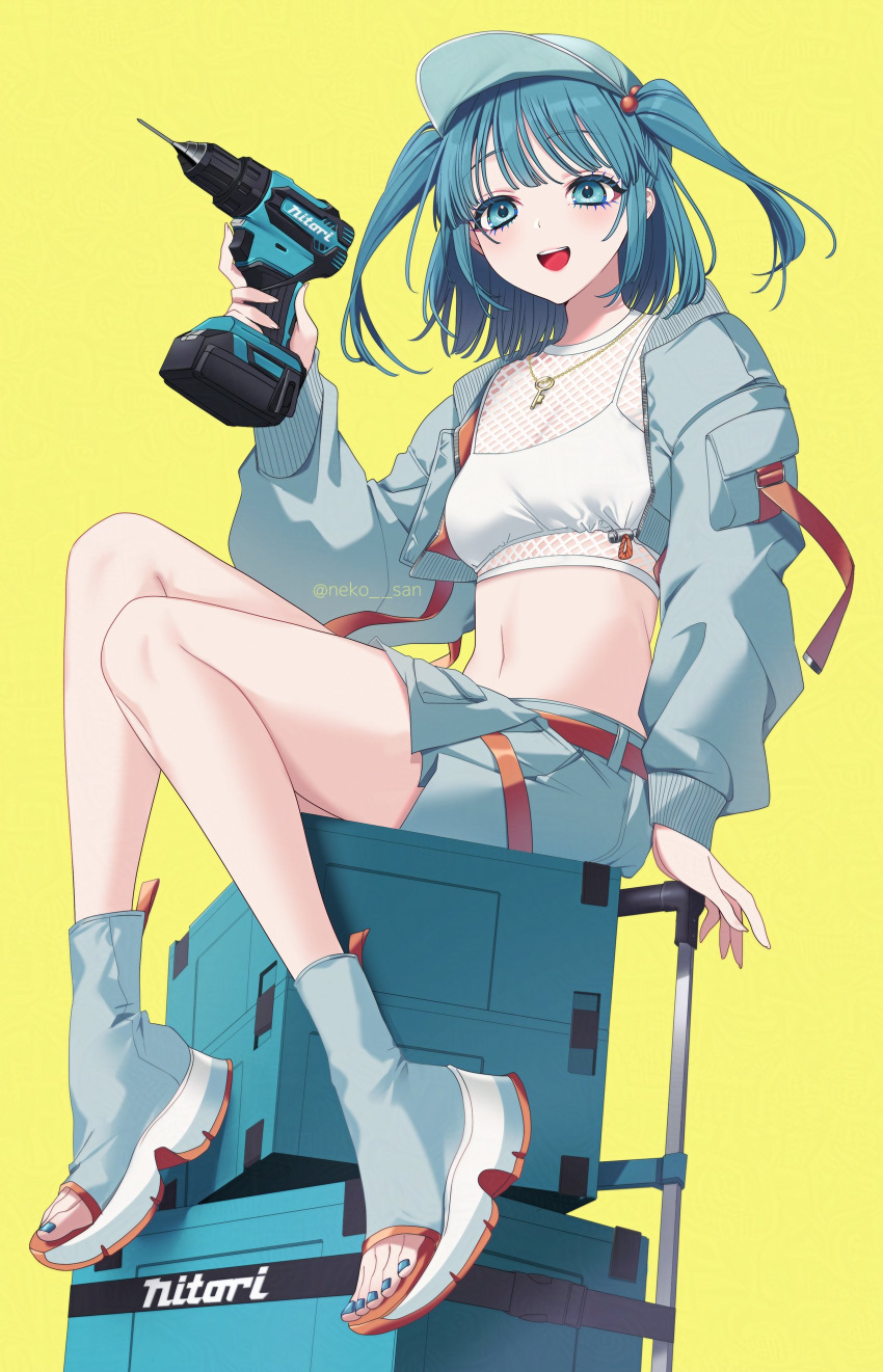 1girl absurdres alternate_costume baseball_cap belt blue_eyes blue_footwear blue_hair blue_hat blue_shorts blush box brand_name_imitation breasts cleavage commentary_request crop_top feet fishnet_top fishnets full_body hair_bobbles hair_ornament hat highres holding_power_drill jacket jewelry kawashiro_nitori key key_necklace legs logo_parody long_sleeves looking_at_viewer makita_(brand) medium_bangs medium_hair midriff nail_polish navel necklace neko-san_(dim.dream) open_clothes open_jacket open_mouth power_drill red_belt shirt shorts simple_background sitting small_breasts smile solo toeless_footwear toenail_polish toenails toes touhou two_side_up white_shirt yellow_background