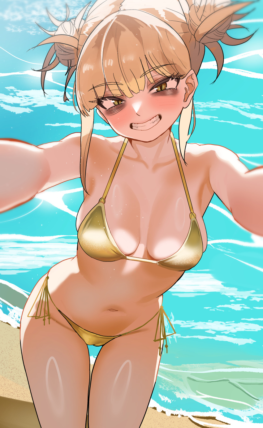 1girl absurdres beach bikini blonde_hair blush boku_no_hero_academia breasts brown_eyes clenched_teeth collarbone commentary double_bun english_commentary gold_bikini hair_bun highres looking_at_viewer medium_breasts ocean sand selfie short_hair side-tie_bikini_bottom slit_pupils smile solo swimsuit teeth thighs toga_himiko zd_(pixiv6210083)