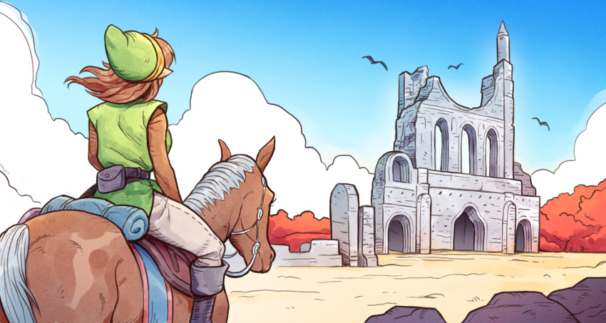 1girl belt belt_pouch bird boots brellom building cloud floating_hair from_behind genderswap genderswap_(mtf) hat horse horseback_riding link outdoors pointy_ears pointy_hat pouch reins riding rock ruins the_legend_of_zelda tree