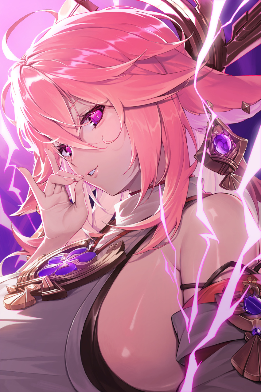 1girl animal_ears bare_shoulders breasts commentary_request detached_sleeves earrings electricity electro_symbol_(genshin_impact) floppy_ears fox_ears genshin_impact hair_between_eyes hair_ornament highres japanese_clothes jewelry large_breasts long_hair looking_at_viewer nontraditional_miko parted_lips pink_hair purple_eyes shirt sideboob sidelocks solo sunnillust turtleneck white_shirt white_sleeves yae_miko