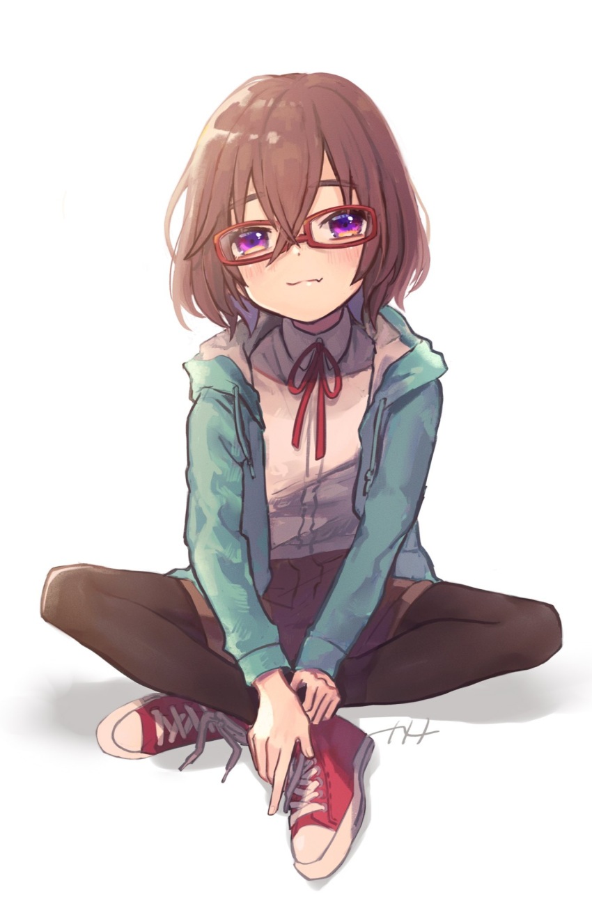 1girl blush brown_hair collared_shirt fang fang_out full_body highres hood hoodie indian_style indie_virtual_youtuber kashino_tsukune long_sleeves looking_at_viewer medium_hair naname_(7name) neck_ribbon pantyhose purple_eyes red-framed_eyewear ribbon shirt shoes shorts sitting smile sneakers solo virtual_youtuber